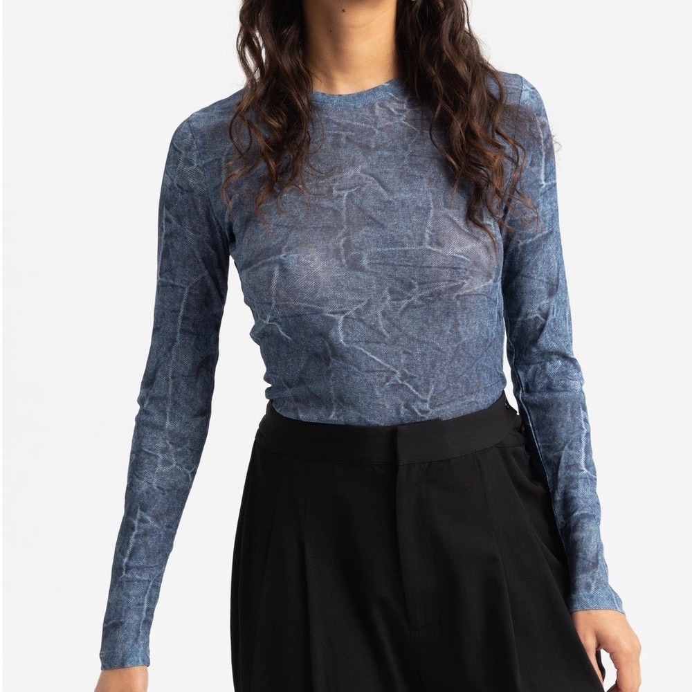 Ganni Marl‎ Mesh Longsleeve Top Blue Denim Print Luxury Streetwear Size 40